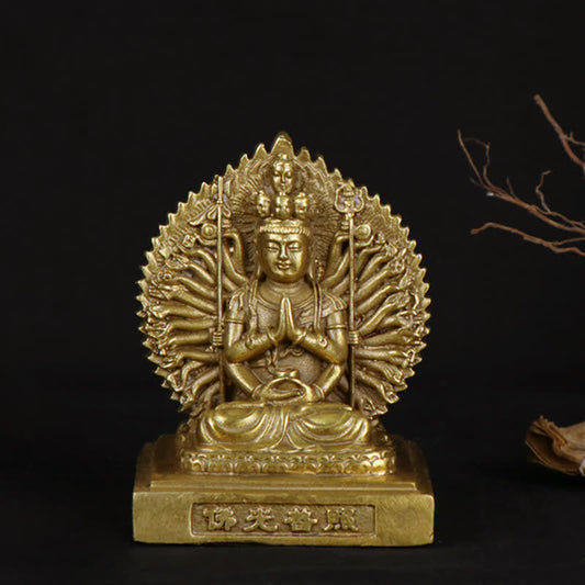 Mythstone Chenrezig Thousand-handed Avalokitesvara Figurine Double-sided Kuan Yin Bodhisattva Protection Solid Copper Statue Decoration