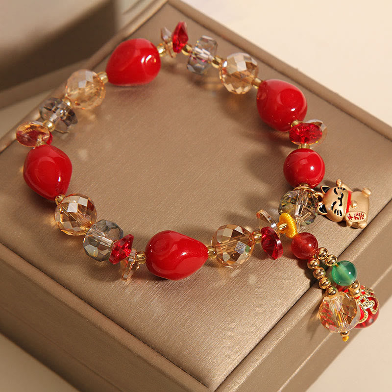 Mythstone Red Stone Lucky Cat Rabbit Fu Character Fortune Bracelet