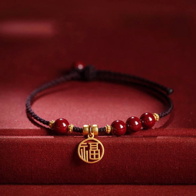 Mythstone Cinnabar Bead Fu Character Charm Blessing Braided String Bracelet