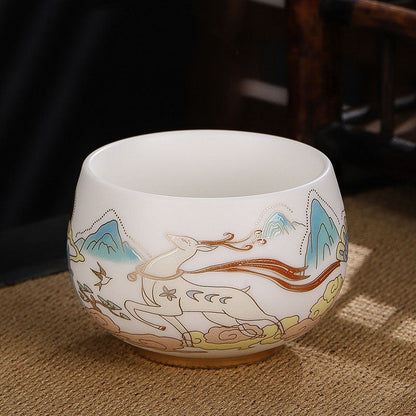 Mythstone Dragon Cicada Bamboo Deer Crane Lotus Plum Flower Ceramic Teacup Kung Fu Tea Cup Bowl 185ml