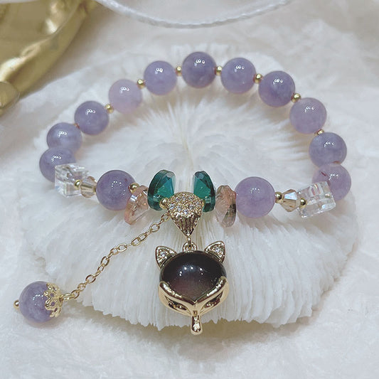 Mythstone Natural Purple Jade Fox Charm Happiness Bracelet