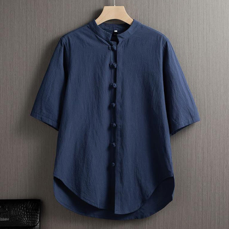 Mythstone Frog-Button Plain Chinese Tang Suit Short Sleeve Shirt Cotton Linen Men Clothing