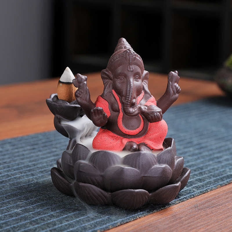 Mythstone Ganesh Elephant Purple Clay Backflow Smoke Fountain Protection Incense Burner