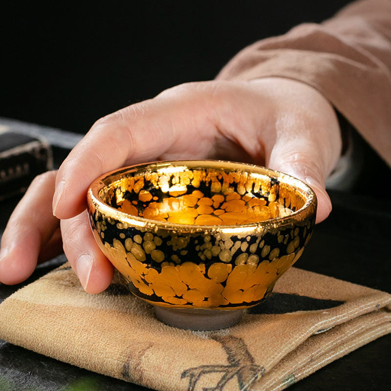 Mythstone 24K Gold Spot Pattern Chinese Jianzhan Ceramic Teacup Kung Fu Tea Cup Bowl With Gift Box