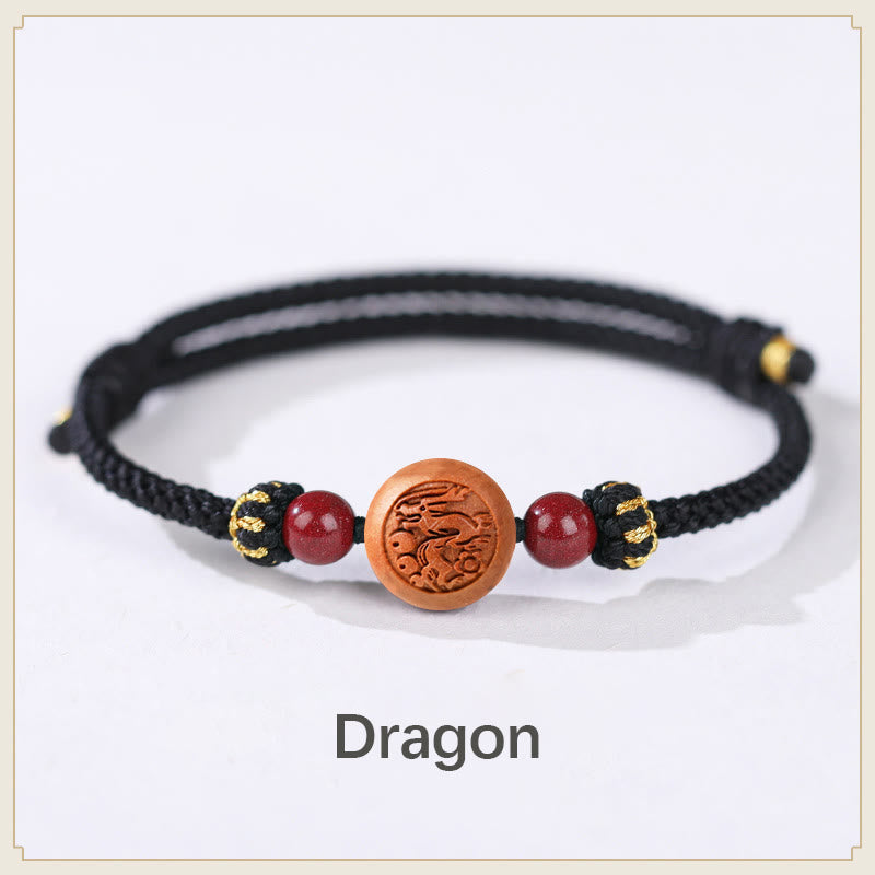 Mythstone Natural Peach Wood Chinese Zodiac Fu Character Carved Cinnabar Wealth Bracelet