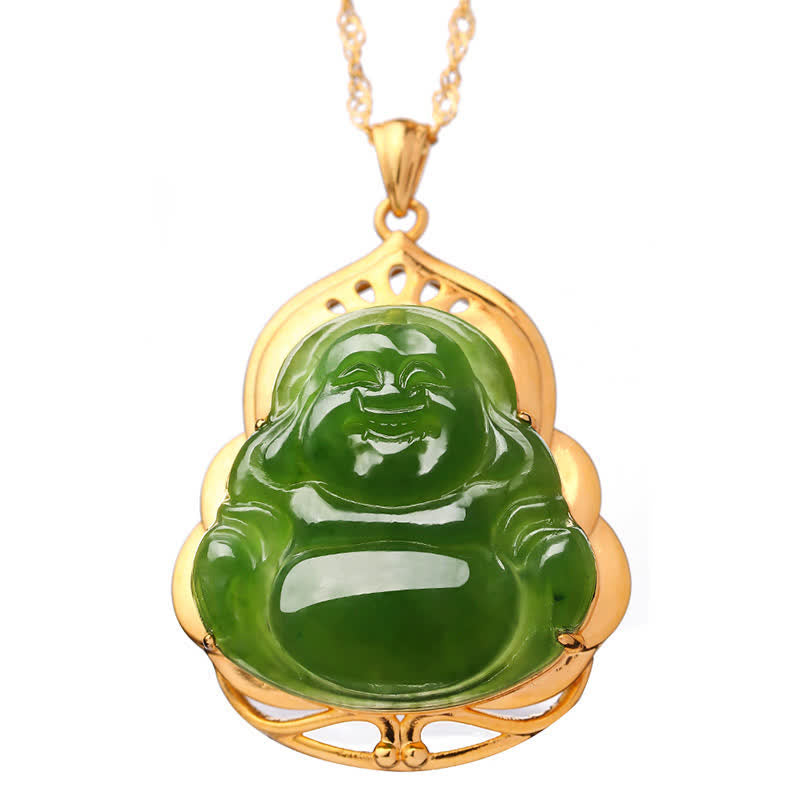 Mythstone 925 Sterling Silver Natural Hetian Cyan Jade Laughing Buddha 18K Gold Healing Necklace Chain Pendant