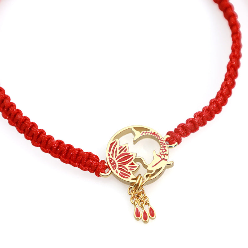 Mythstone Tibetan Handmade Lotus Koi Fish Lucky Red String Bracelet