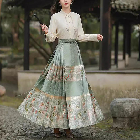 Mythstone Chinese Hanfu Green Peach Garden Printed Horse Face Skirt Mamianqun