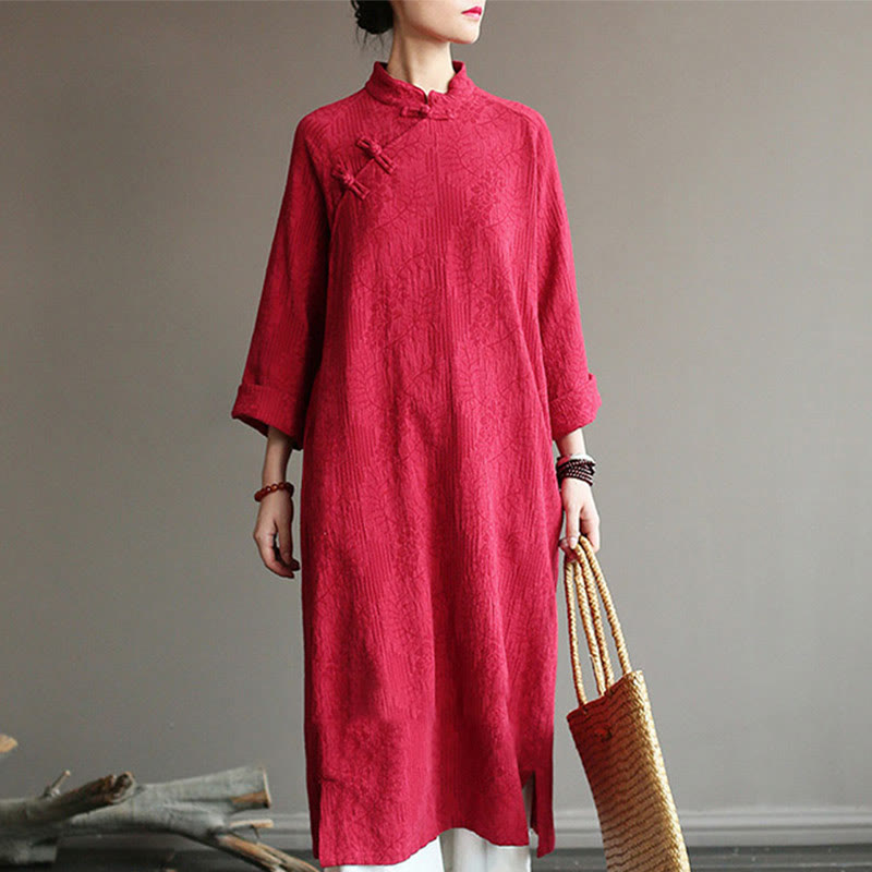 Mythstone Flower Jacquard Midi Dress Long Sleeve Cotton Linen Dress Wide Leg Pants With Pockets