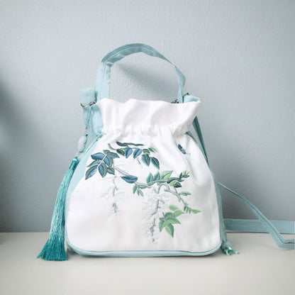 Mythstone Embroidered Flowers Wisteria Lily Cotton Linen Tote Crossbody Bag Shoulder Bag Handbag