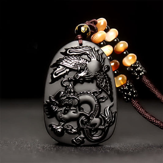 Mythstone Black Obsidian Tiger Eye Dragon Phoenix Protection Beaded Necklace Pendant