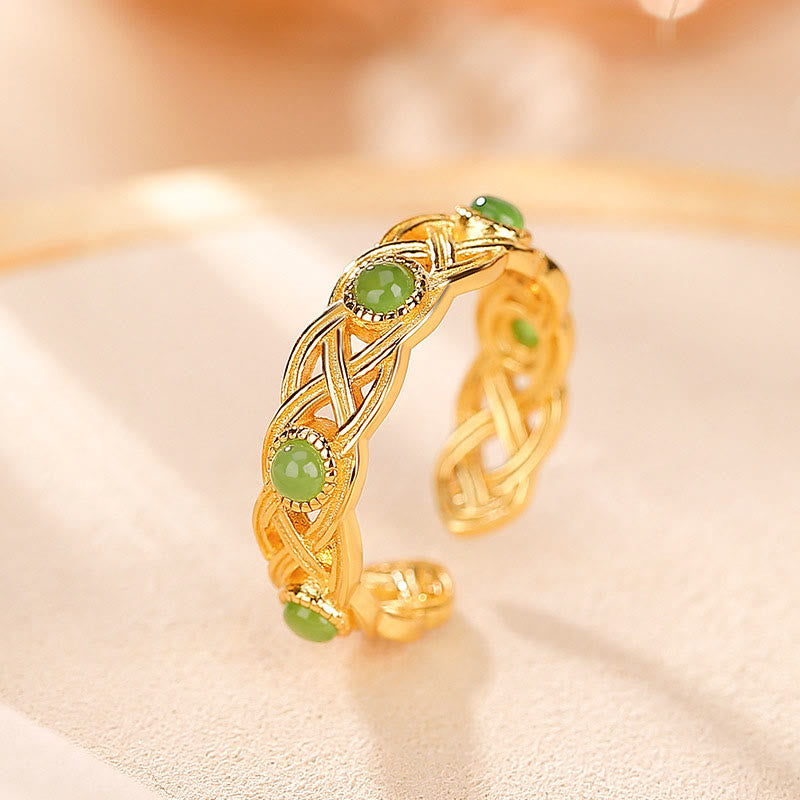 Mythstone 925 Sterling Silver Plated Gold Cyan Jade Braided Design Success Luck Adjustable Ring