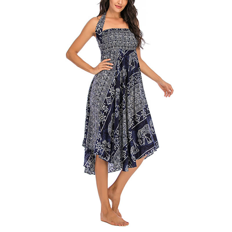 Mythstone Two Style Wear Boho Elephant Geometry Lace-up Skirt Dress