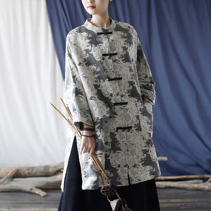 Mythstone Black Gray Beige Print Frog-button Design Long Sleeve Cotton Linen Jacket Shirt With Pockets