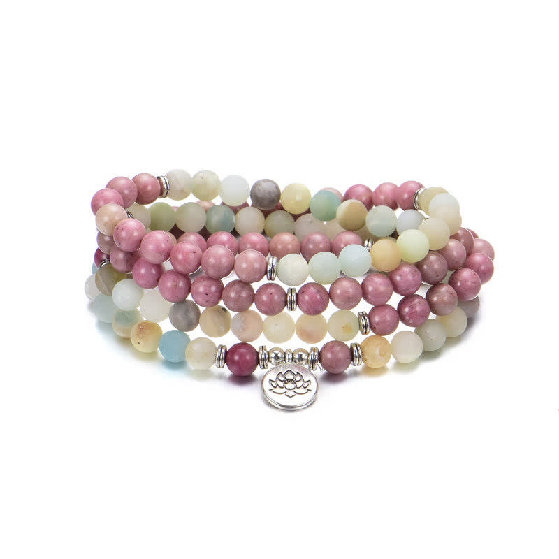 Mythstone Lazurite Picasso Jasper Amazonite Rhodonite Apatite Positive Lotus Prayer Bead Bracelet