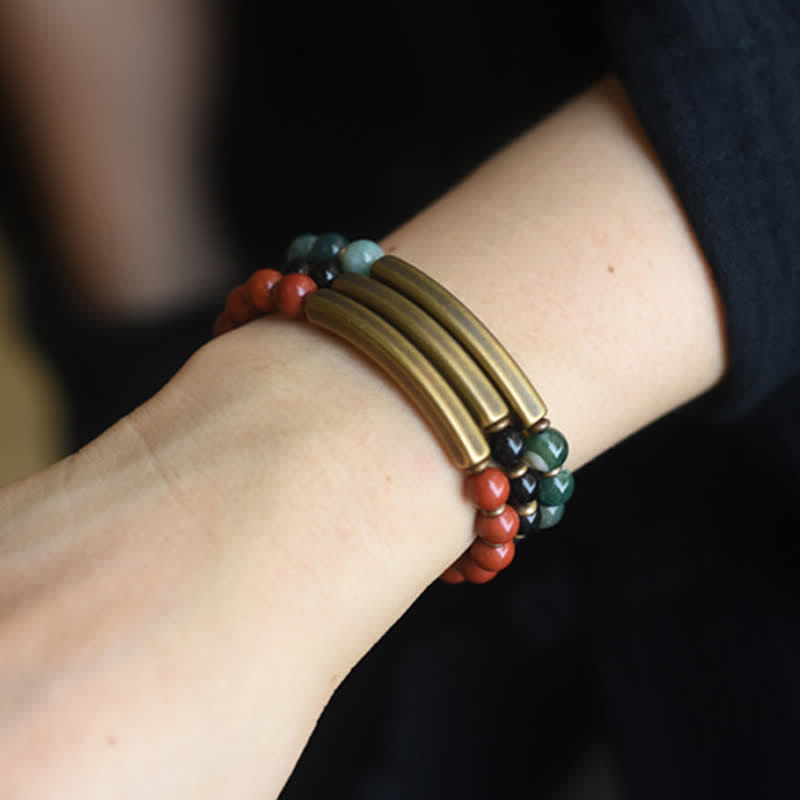 Mythstone Red Jasper Moss Agate Black Obsidian Crystal Copper Peace Couple Bracelet