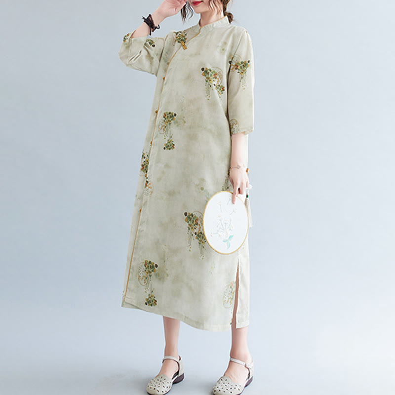 Mythstone Flowers Green Yellow Leaves Print Cheongsam Midi Dress Three Quarter Sleeve Dress With Pockets