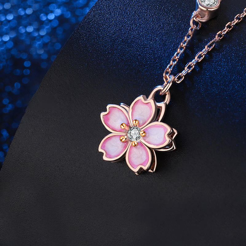 Mythstone 925 Sterling Silver Cherry Blossom Flower Rotatable Protection Necklace Pendant