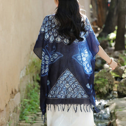 Mythstone Blue Butterfly Batik Shawl Tassels Cozy Travel Pullover 90*95cm