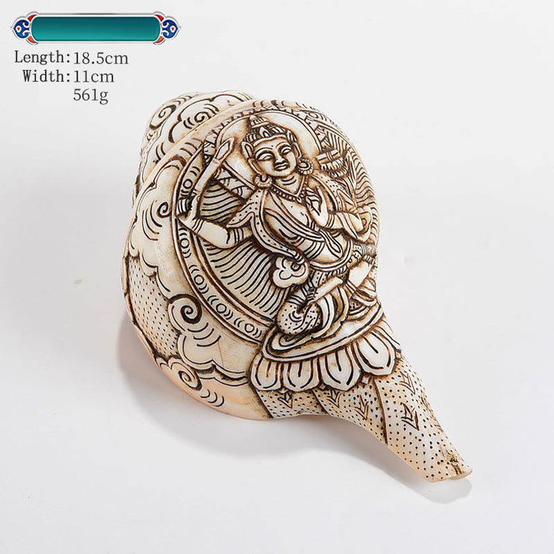 Mythstone Tibetan Handmade Engraved Shankha Buddha Avalokitesvara Conch Shell Wealth Decoration