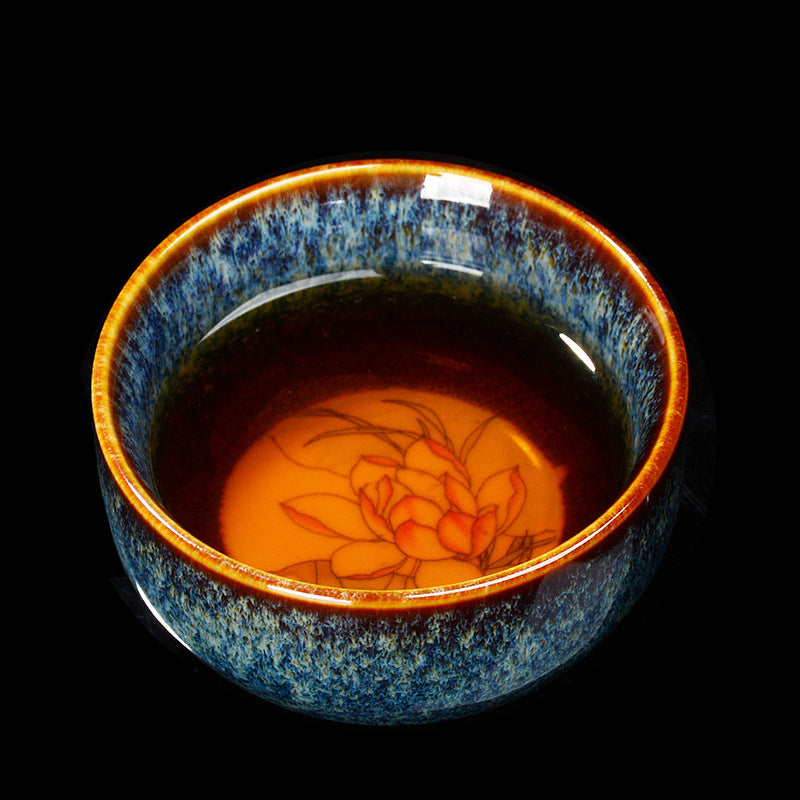 Mythstone Lotus Dragon Phoenix Koi Fish Chinese Jianzhan Ceramic Teacup Kung Fu Tea Cup 110ml