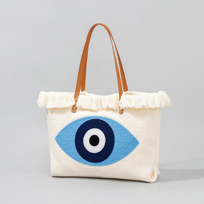 Mythstone Large Capacity Evil Eye Leaf Hamsa Tassel Canvas Tote Shoulder Bag