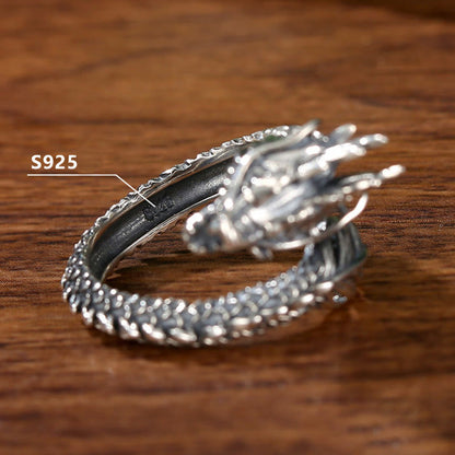 Mythstone 925 Sterling Silver Vintage Dragon Success Protection Strength Adjustable Ring