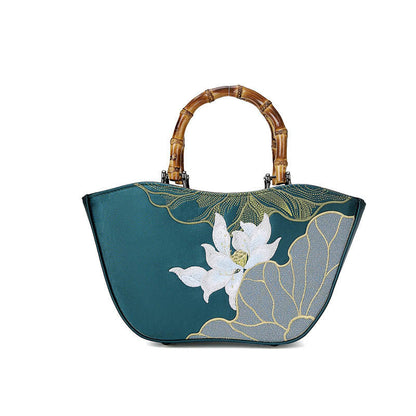 Mythstone Lotus Embroidery Bamboo Handle Handbag