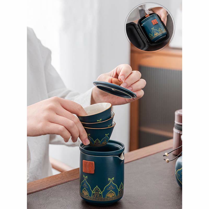 Mythstone Flower Chinese Gongfu Ceramic Teapot Portable Outdoor Travel Tea Set Bag