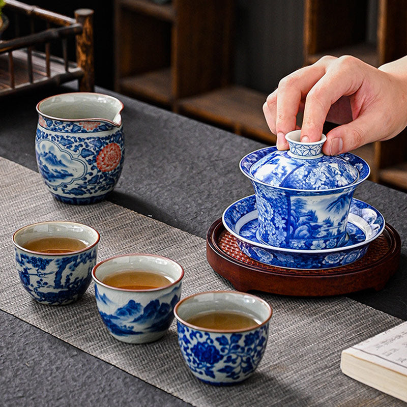 Mythstone Jingdezhen Dragon Phoenix Pavilion Pine Flower Ceramic Gaiwan Sancai Teacup Kung Fu Tea Cup And Saucer With Lid 170ml