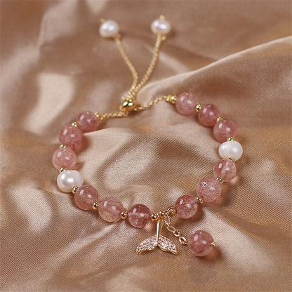 Mythstone Strawberry Quartz Rutilated Quartz Fishtail Charm Healing Bracelet