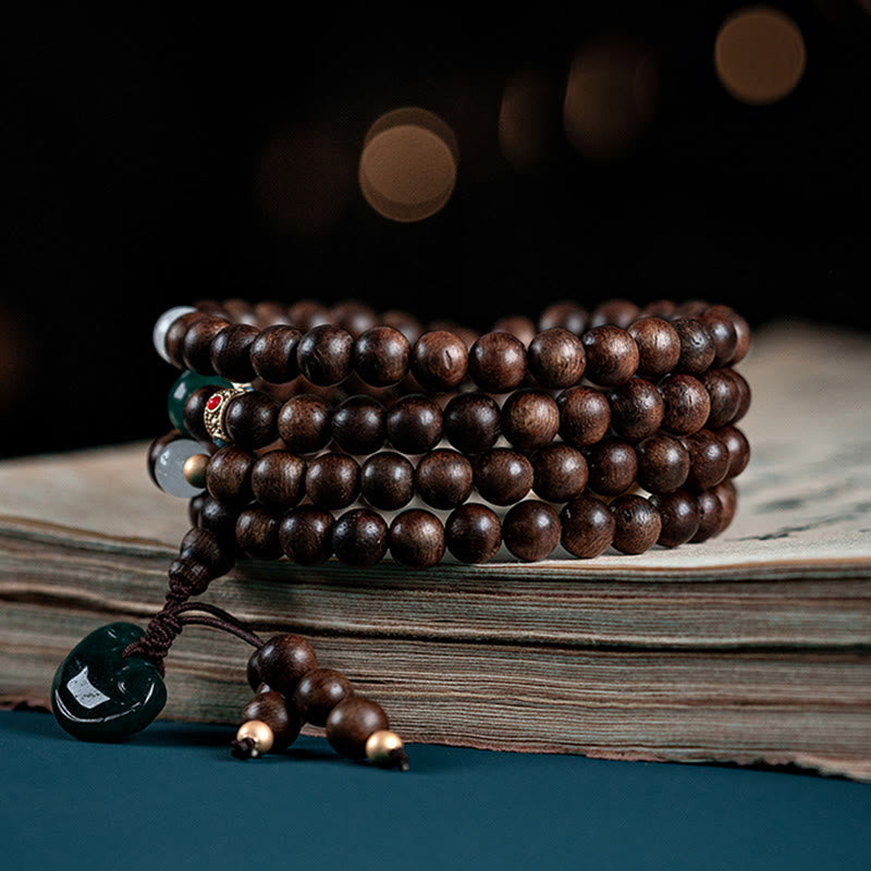 Mythstone 108 Mala Beads Kalimantan Agarwood Laughing Buddha Peace Buckle Red Agate Jade Strength Bracelet