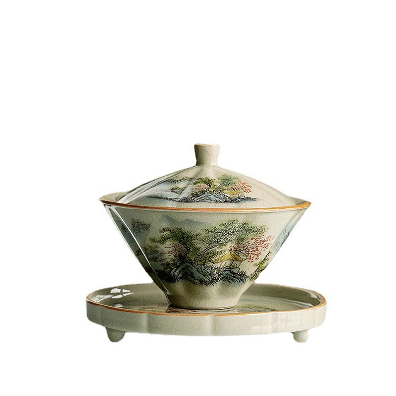 Mythstone Pine Mountain Forest Landscape Ceramic Gaiwan Sancai Teacup Kung Fu Tea Cup And Saucer With Lid