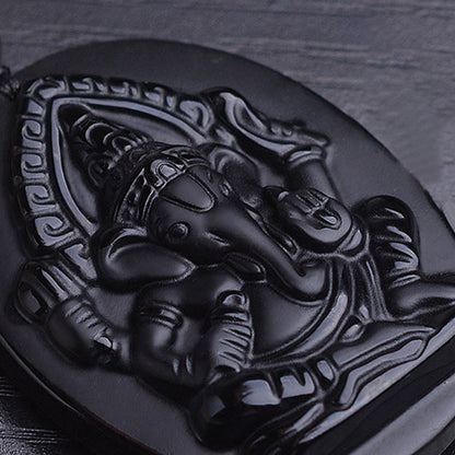 Mythstone Tibetan Obsidian Ganesh Ganpati Elephant Wealth Amulet Necklace