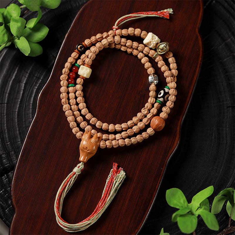 MythStone 108 Beads Bodhi Seed Red Agate Deer Head Wisdom Mala Bracelet