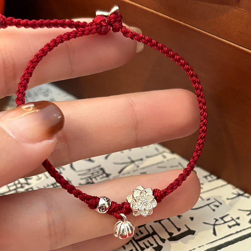 Mythstone Handmade Lotus Flower Luck Braid Red Rope Bracelet