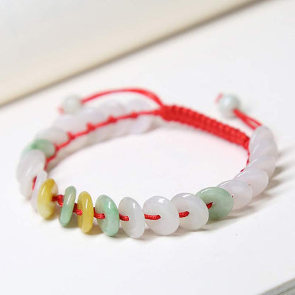 Pulsera tejida con hilo rojo de la suerte y jade redondo Mythstone