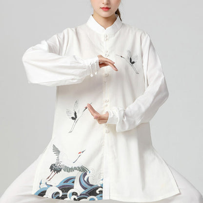 Mythstone White Crane Sea Cotton Linen Meditation Prayer Spiritual Zen Tai Chi Qigong Practice Clothing Set