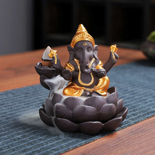 Mythstone Ganesh Elephant Purple Clay Backflow Smoke Fountain Protection Incense Burner