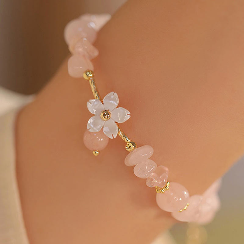 MythStone 14k Gold Plated Natural Pink Crystal Flower Love Bracelet