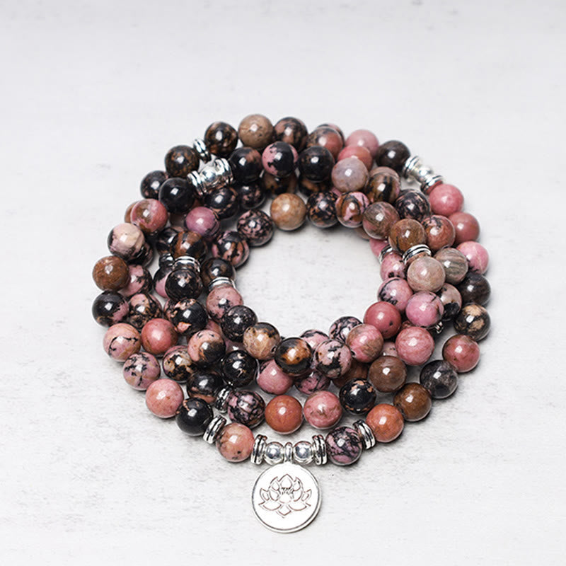 Pulsera de energía de compasión de loto con rodonita y 108 cuentas Mala de MythStone 