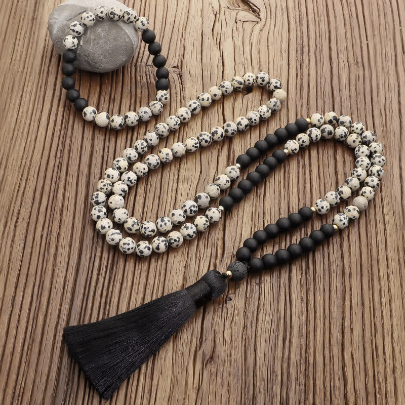 108 Mala Beads Zebra Jasper Frosted Stone Protection Tassel Bracelet