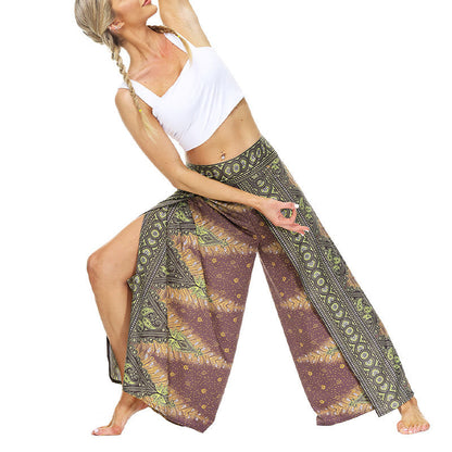 Mythstone Boho Geometric Feather Split Thigh Wide Leg Pants Sports Fitness Dance Women's Yoga Pants