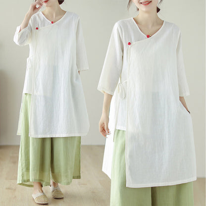 Mythstone Buttons Three Quarter Sleeve Lace-up Shirt Wide Leg Pants Meditation Cotton Linen Clothing