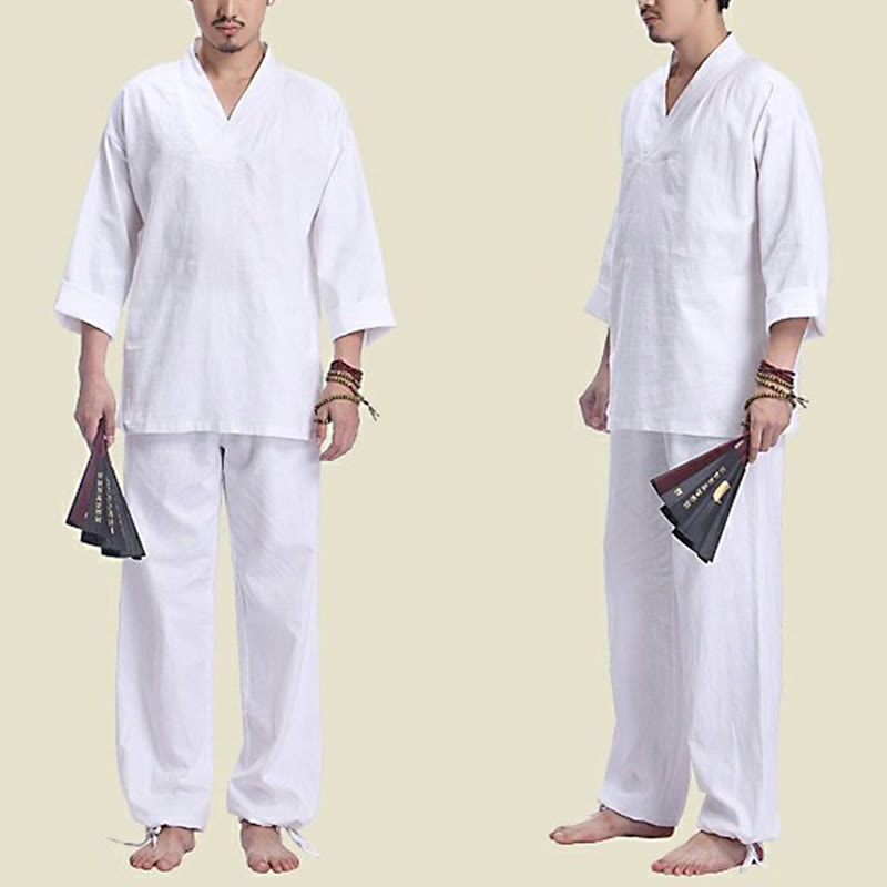 Mythstone Meditation Prayer V-neck Design Cotton Linen Spiritual Zen Practice Yoga Clothing Men's Set