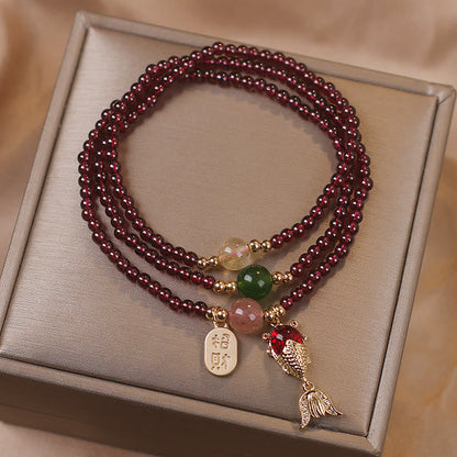 MythStone Natural Garnet Strawberry Quartz Crystal Fox Koi Fish Peace Buckle Fortune Protection Triple Wrap Bracelet