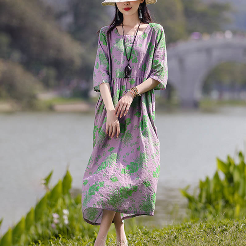 Mythstone Flowers Print Midi Dress Tunic Dress With Pockets