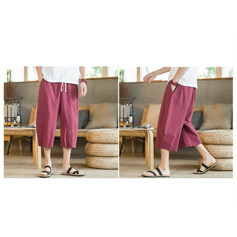 Mythstone Solid Color Mid-Length Wide Leg Pants Cotton Men's Wide Leg Pants With Pockets