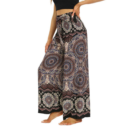 Mythstone Boho Mandala Print Lace-up Wide Leg Pants Women's Yoga Pants