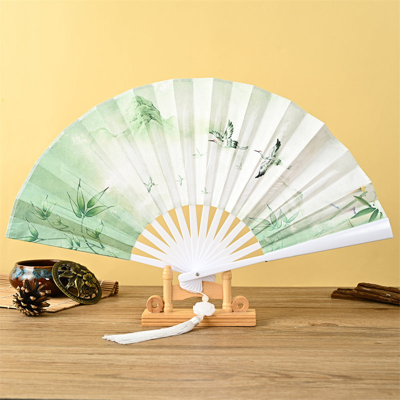 Mythstone Dragon Phoenix Tiger Crane Eagle Wolf Koi Fish Handheld Folding Fan Lotus Tassel Fan